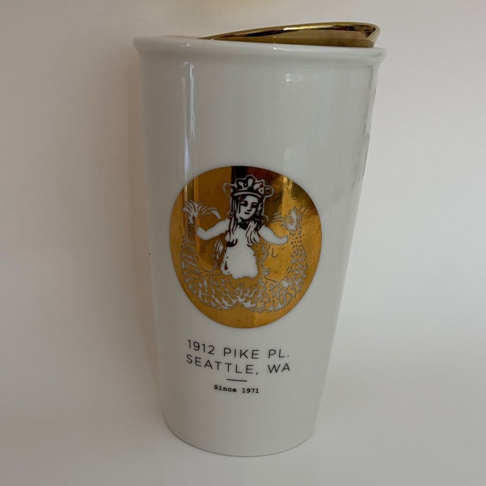 Starbucks 2015 Double Walled Ceramic Travel Cup Gold Siren and Lid 12 oz